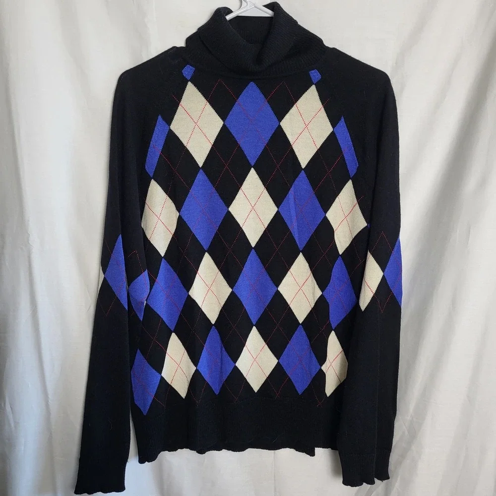 Pendleton Mens XL 100% Merino Wool Argyle Turtleneck Sweater Black Blue‎ Cream